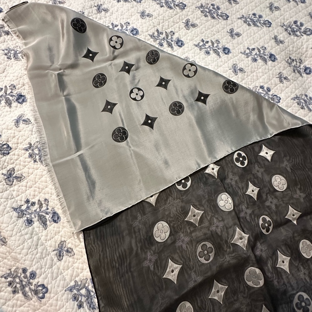 Louis Vuitton silk scarf in black and silver monogram print - Picture 2 of 6